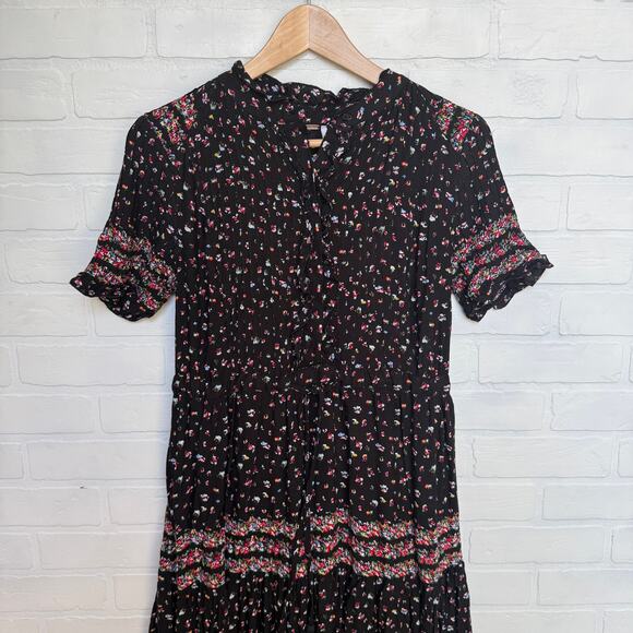 Free People Rare Feelings Boho Maxi Dress Black Floral Tassels sz XS - Picture 7 of 7